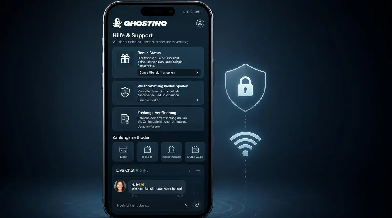 Smartphone mit Konto-, Bonus- und Zahlungsbereich sowie sichtbarem Live-Chat für mobile Hilfe
