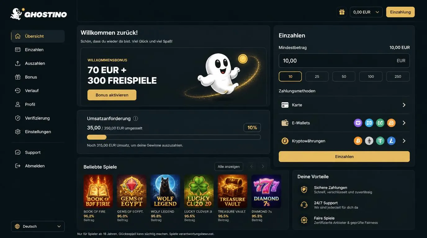 Casino-Bonusbereich mit Einzahlung, Freispielen und Anzeige zum Umsatzfortschritt