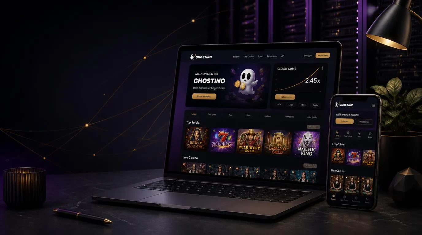 Moderne Casino-Plattform auf Laptop und Smartphone mit Spielkacheln und stabiler Benutzeroberfläche
