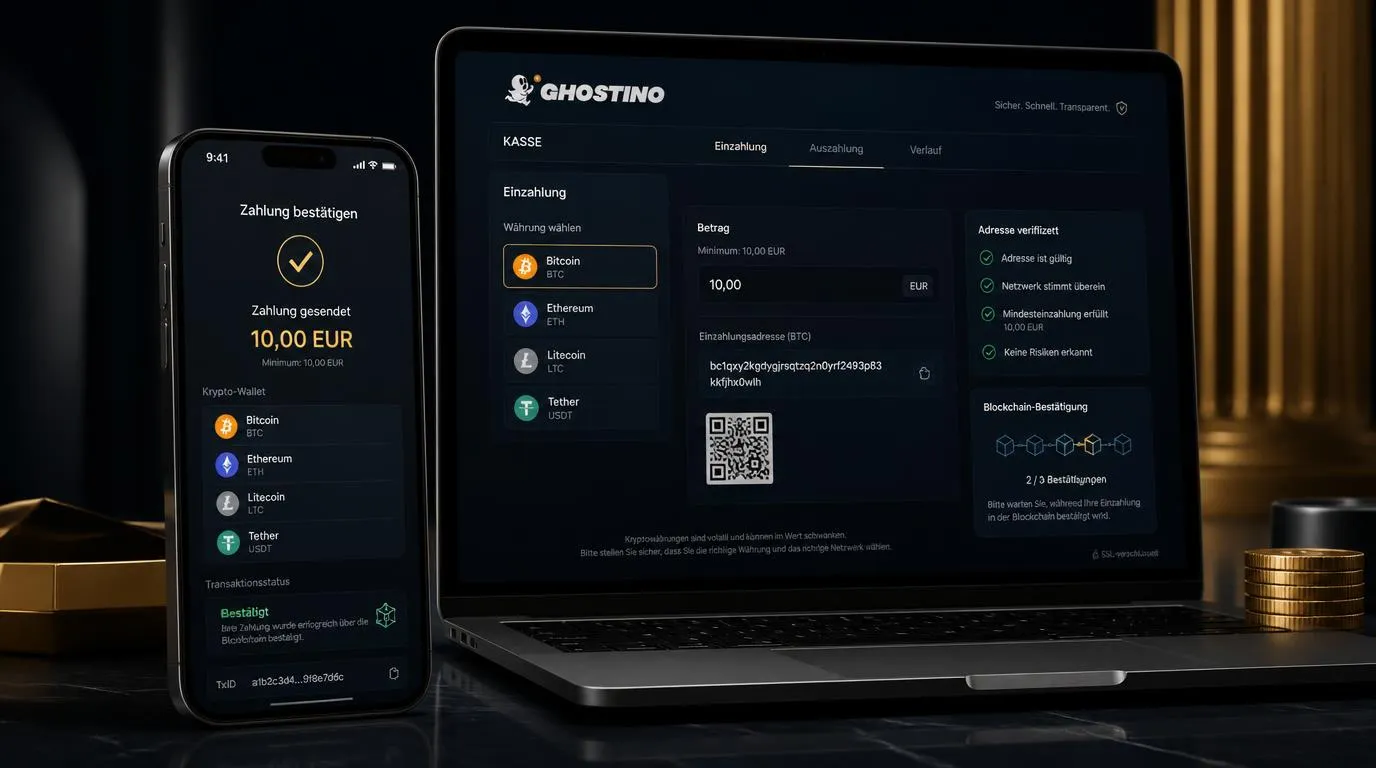Krypto-Wallet auf Smartphone mit Bitcoin, Ethereum und Tether für eine Casino-Einzahlung