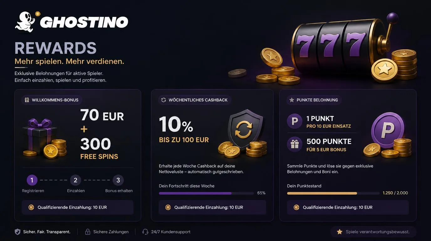Bonusübersicht mit Willkommensangebot, wöchentlichem Cashback und Punkteprämien in einer Casino-App