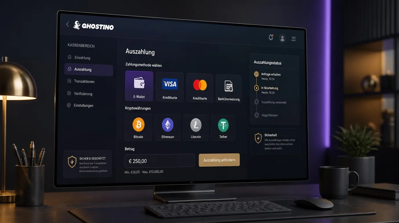 Kassenbereich mit E-Wallets, Karten, Banküberweisung und Kryptowährungen für Ein- und Auszahlungen