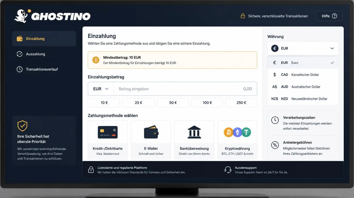Kassenansicht mit Mindesteinzahlung von 10 €, Zahlungsoptionen und Währungswahl