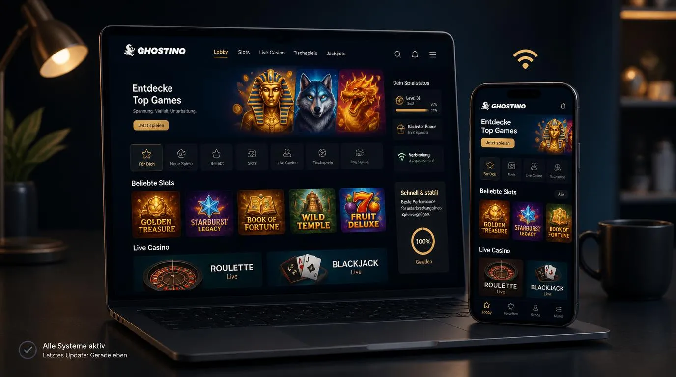 Mobiles Casino-Interface mit Slots und Tischspielen auf Smartphone und Laptop bei stabiler Verbindung