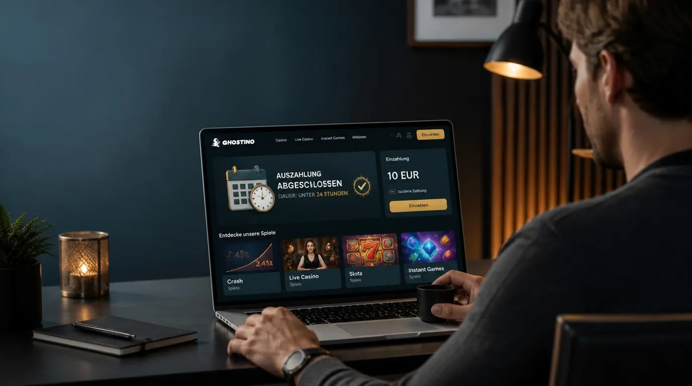 Spieler vor Casino-Oberfläche mit schneller Auszahlung, 10-Euro-Einzahlung und Auswahl moderner Spiele