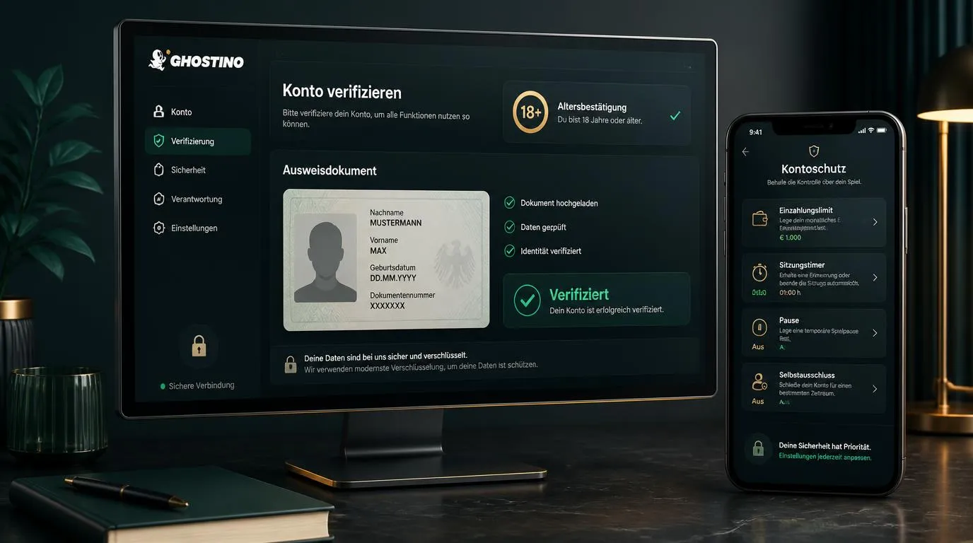 Verifizierungsmaske mit Altersprüfung, Ausweisdokument und geschütztem Spielerkonto