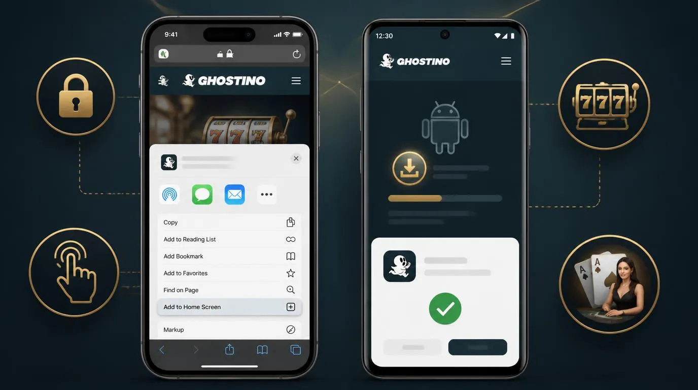 Smartphone mit Browser-Shortcut und Android-Installationsansicht für einen Casino-Mobilzugang