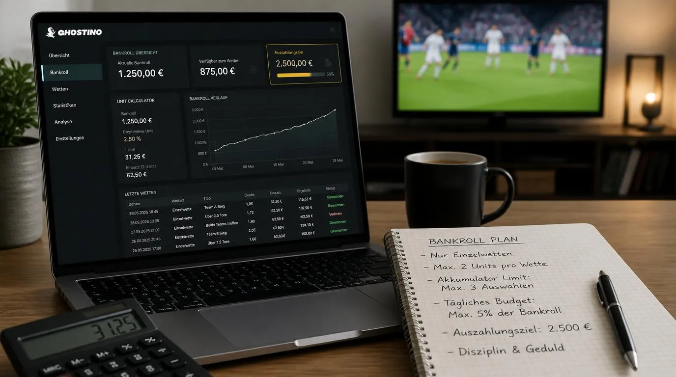 Sportwetten-Budget mit Einsatzplan, Wettprotokoll und Auszahlungsziel auf einem übersichtlichen Dashboard