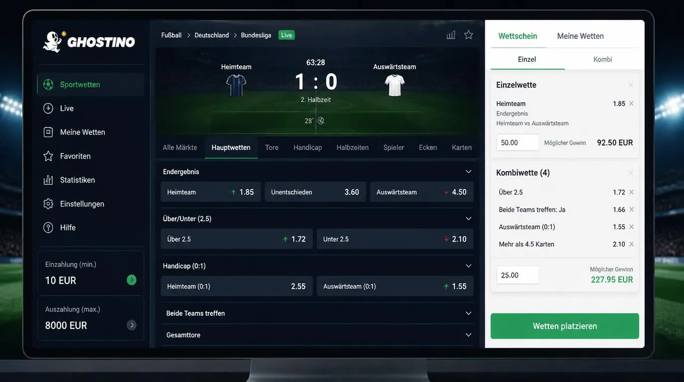Digitaler Wettschein mit Live-Quoten, Einzelwette und Kombiwette für Fußballspiele