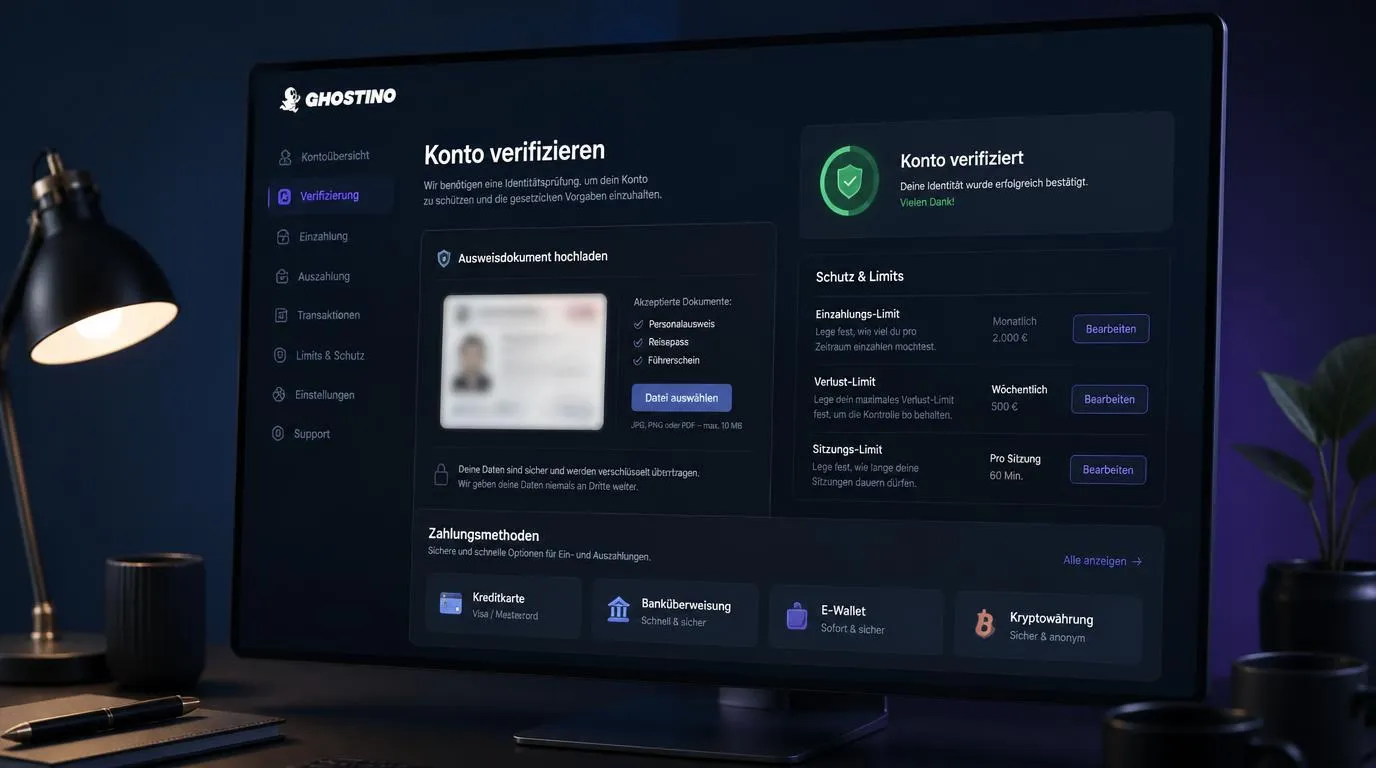 Geschützter Registrierungsbereich mit Dokumentenprüfung, Kontolimits und sicheren Zahlungsmethoden