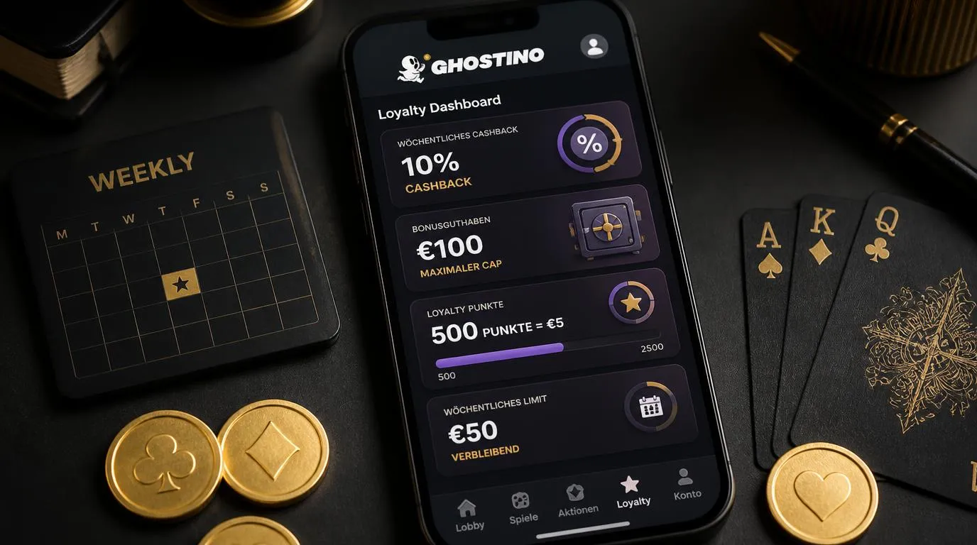 Smartphone mit Casino-Bonusübersicht, Cashback-Anzeige und wöchentlichen Treuepunkten